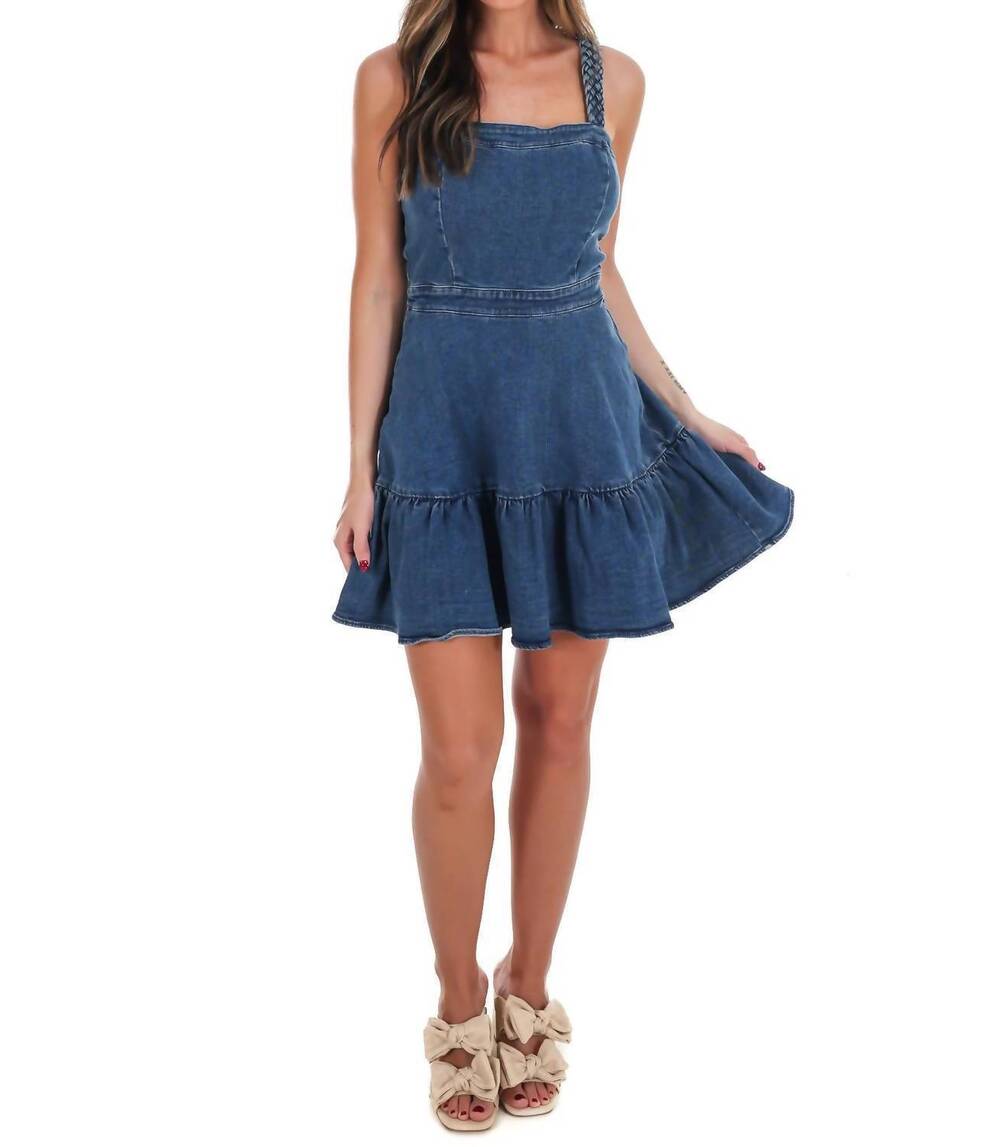 NEW FLYING TOMATO celebrate you denim mini dress in medium indigo